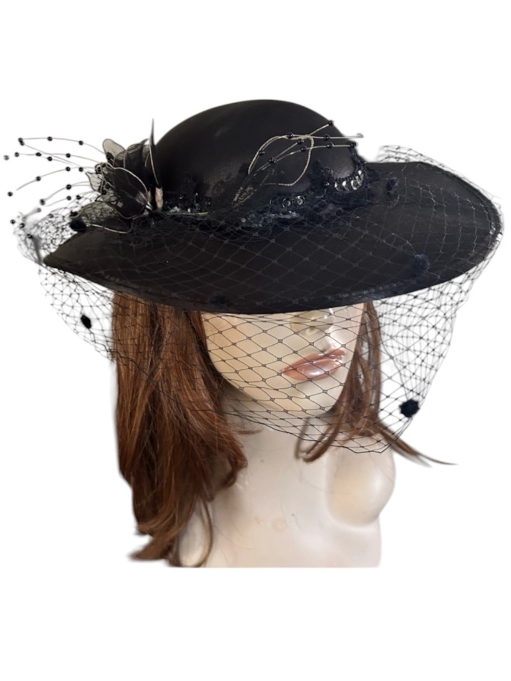Vintage Black Satin Wide Brim Hat w Veil - Picture 2 of 16
